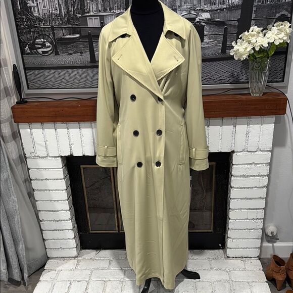 AVEC LES FILLES Women Trench Coat Long Maxi Khaki Tan Green Large Belted - Picture 8 of 16